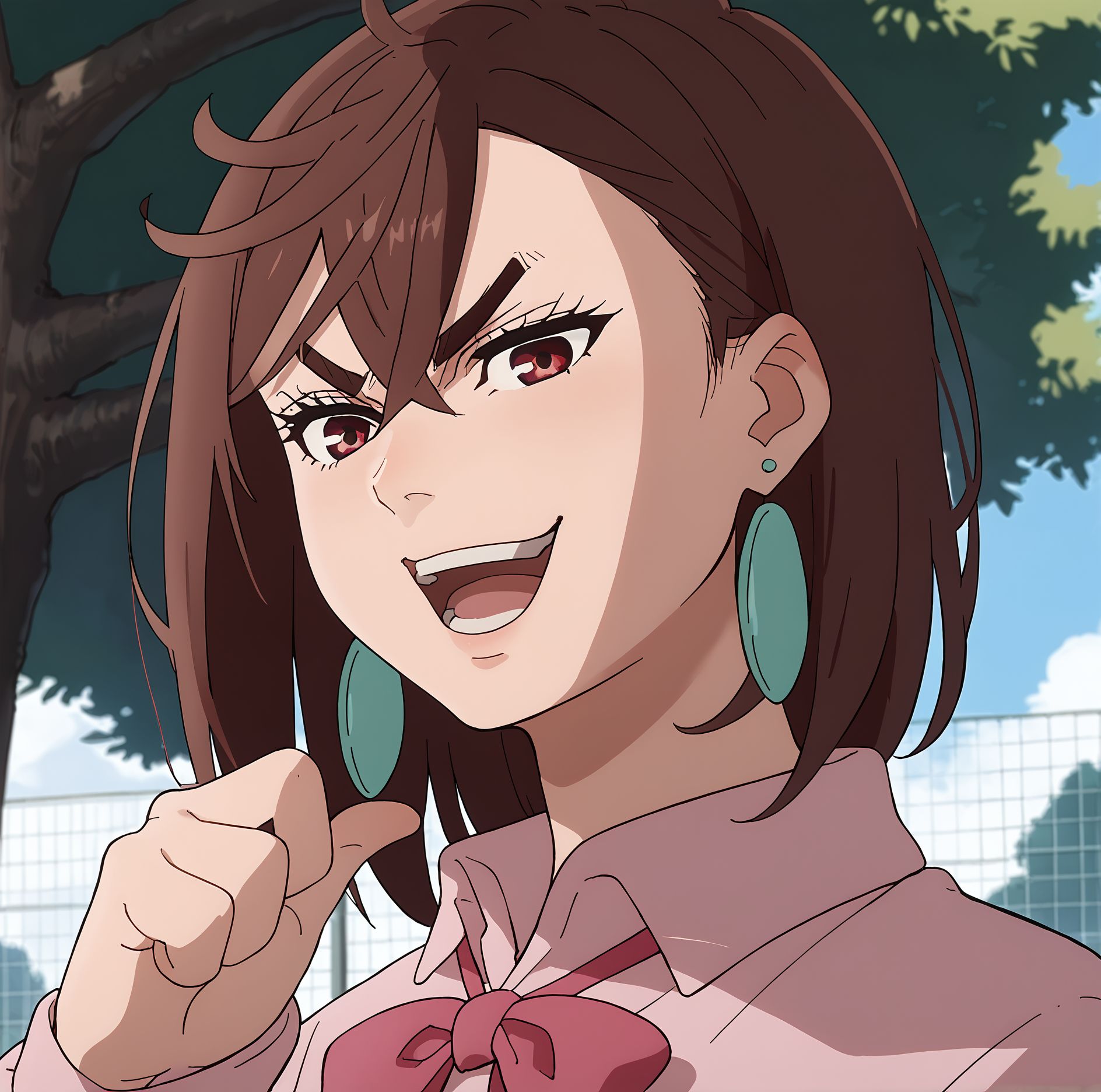 score_9,score_8_up,score_7_up,masterpiece, best quality, <lora:WHM 0.2v:0.5>, WHM, 2D,anime,  
<lora:HandFixer_pdxl_Incrs_v1:0.5>,   
<lora:shiDioV2:1>, konodiopose, pointing, parody, meme, pointing at self, smile, open mouth, upper body, style parody, 1girl, solo, 
school, daytime, outdoors, (the chain-link fence wall ),small concretel,
tree,
BREAK
 ayase_momo, 1girl, earrings, jewelry, solo, teeth, brown hair, looking at viewer, red eyes, angry, v-shaped eyebrows, crossed bangs, hair between eyes, brown eyes, <lora:momo_ayase_dandadan:0.8> pink oversized shirt,  collared shirt,long sleeves, bowtie,