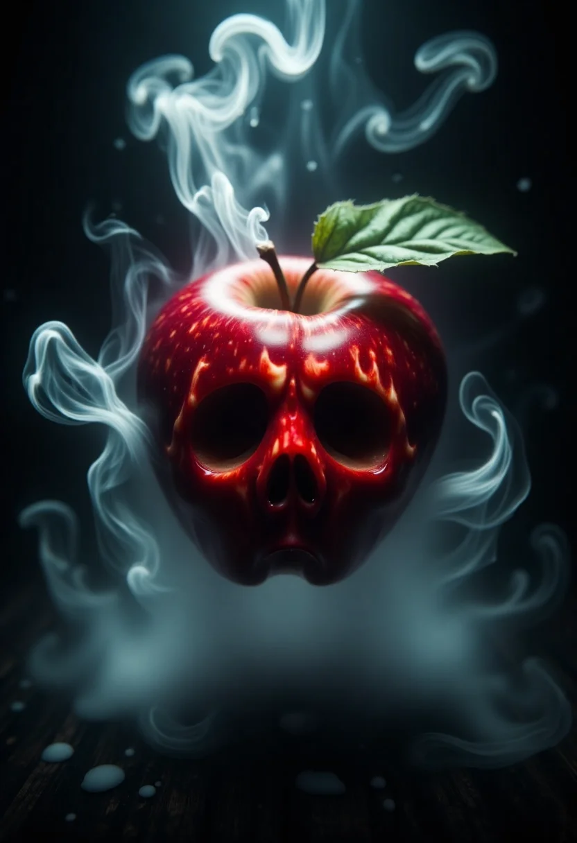 a poisoned apple floating in the air, haunted face inside of the apple,  scary ambiance
