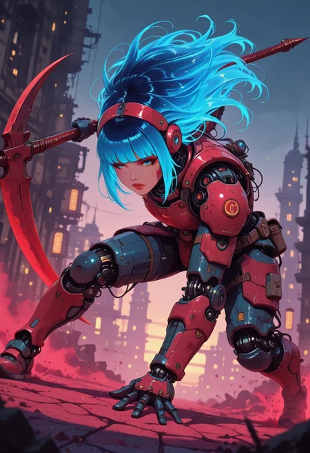 masterpiece, best quality, good quality, very aesthetic, absurdres, newest, 8K, depth of field, focused subject, in the style of cknc, artist:moriimee, in the style of cksc,  BREAK asian young cyborg woman, robot joints, bangs, long bright blue bioluminescent hair, red plated armour, holding poleaxe, battle stance, dynamic angle, ancient fantasy city, directional lighting,