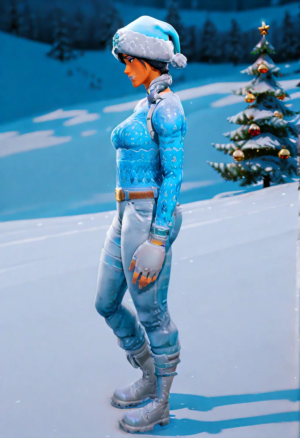 IllustriousQual <lora:StS-Illustrious-Detail-Slider-v1.0:2> <lora:cfg_scale_boost:0.3> detailed_background, field <lora:Frozen_Nog_Ops_IL:1> FrozenNogOpsIL, dark skin, dark-skinned female, black hair, grey ponytail, braided hair, brown eyes, blue eyeshadow, blue lipstick, christmas, blue hat, santa hat, blue snowflake, festive sweater, blue sweater, grey gloves, fingerless gloves, utility belt, combat boots, denim pants, blue accents, winter outfit, holiday theme, snowflake pattern, Lying flat on the back with arms at sides, from side, amusement