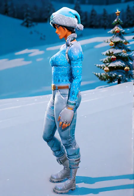 IllustriousQual <lora:StS-Illustrious-Detail-Slider-v1.0:2> <lora:cfg_scale_boost:0.3> detailed_background, field <lora:Frozen_Nog_Ops_IL:1> FrozenNogOpsIL, dark skin, dark-skinned female, black hair, grey ponytail, braided hair, brown eyes, blue eyeshadow, blue lipstick, christmas, blue hat, santa hat, blue snowflake, festive sweater, blue sweater, grey gloves, fingerless gloves, utility belt, combat boots, denim pants, blue accents, winter outfit, holiday theme, snowflake pattern, Lying flat on the back with arms at sides, from side, amusement