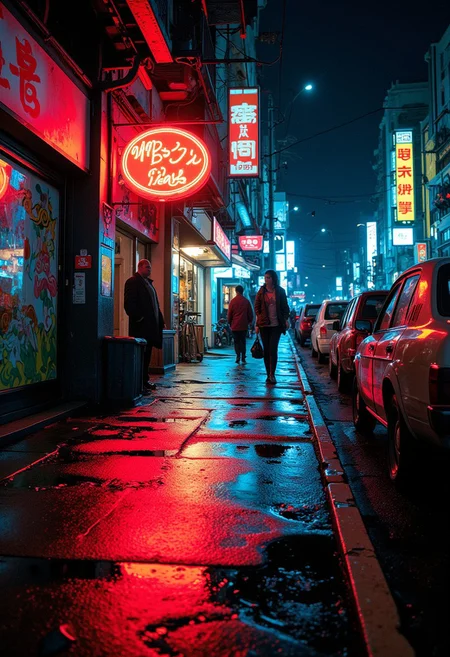 classic street photography scene, sharp contrasts of natural and artificial light, wet pavement reflecting urban neon signs, dynamic framing reminiscent of Henri Cartier-Bresson and Saul Leiter –style raw