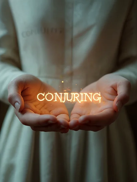 Holding luminous text: "Conjuring". 

Holding text in her hands.

<lora:Conjuring01a_CE_XL_300-OT:0.6> cnjrngCE_style