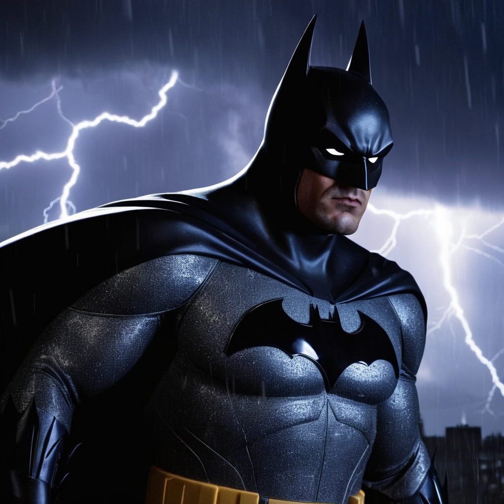 Gothic style,  <lora:Batman:1>
a closeup on batman silhouetted standing in front of a lightning bolt in stormy rainy weather In Gotham City Universe, Dark, mysterious, haunting, dramatic, ornate, detailed