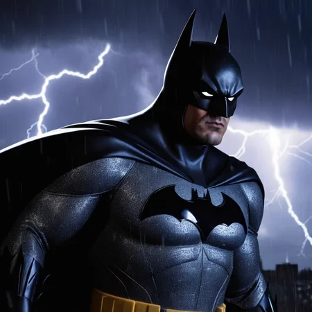 Gothic style, <lora:Batman:1>
a closeup on batman silhouetted standing in front of a lightning bolt in stormy rainy weather In Gotham City Universe, Dark, mysterious, haunting, dramatic, ornate, detailed