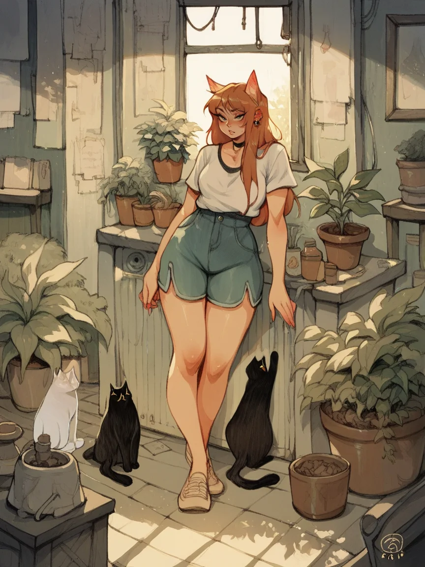 score_9, score_8_up, score_7_up, score_6_up, score_5_up, <lora:s1mzXLP:0.9> s1mz, potted plant, cat, long hair, curvy,