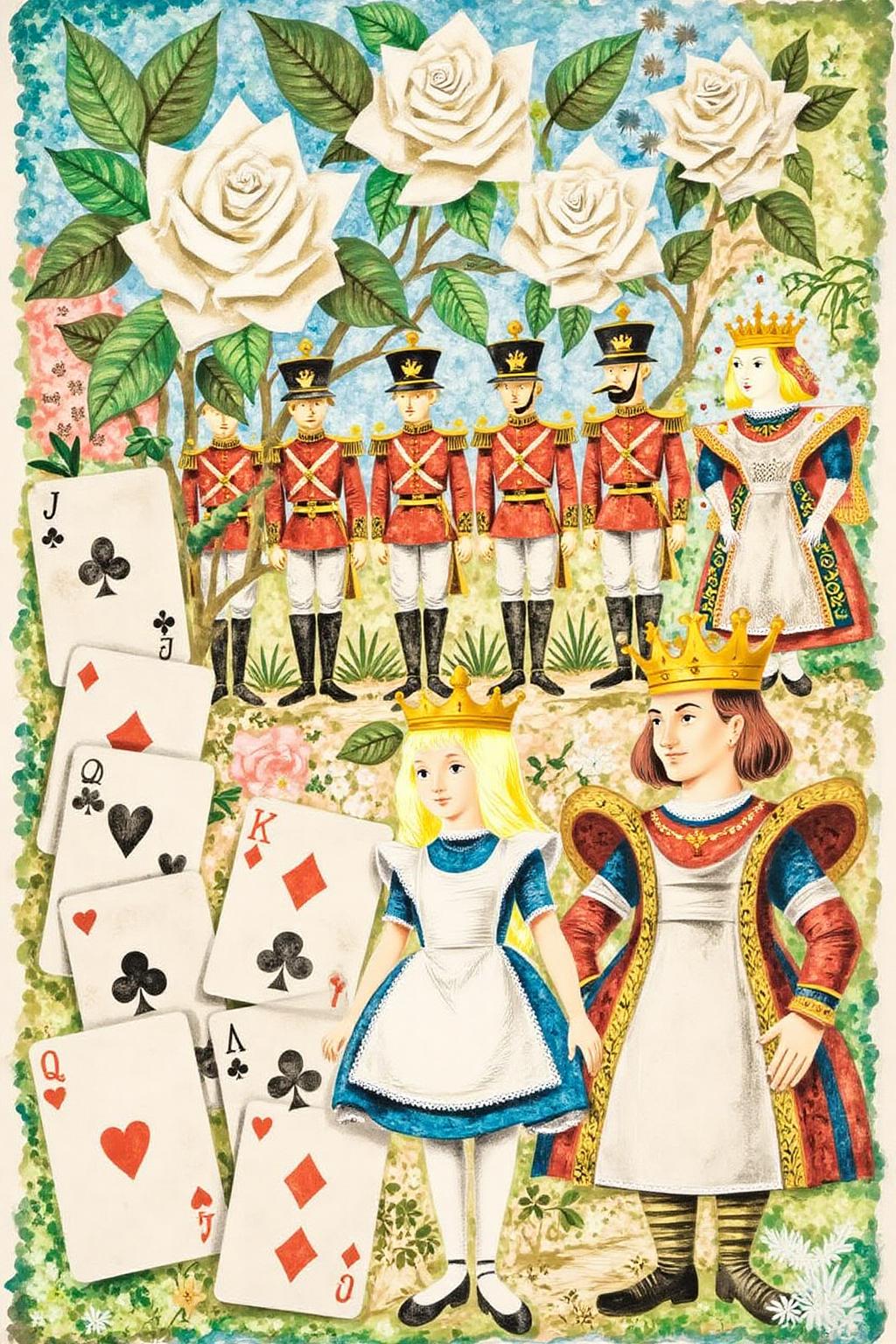 leowe1 illustration.
The scene depicts a fantastical garden setting with oversized roses and playing cards. In the foreground, a young girl with long blonde hair, dressed in a white dress with a blue apron and white pinafore, Behind her stands a row of soldiers looking like anthropomorphic playing cards. On the right stands the Queen and King of Hearts looking like anthropomorphic playing cards. <lora:gwonder1_cap_d6a3e15:1.0><lora:826573513029592405:0>