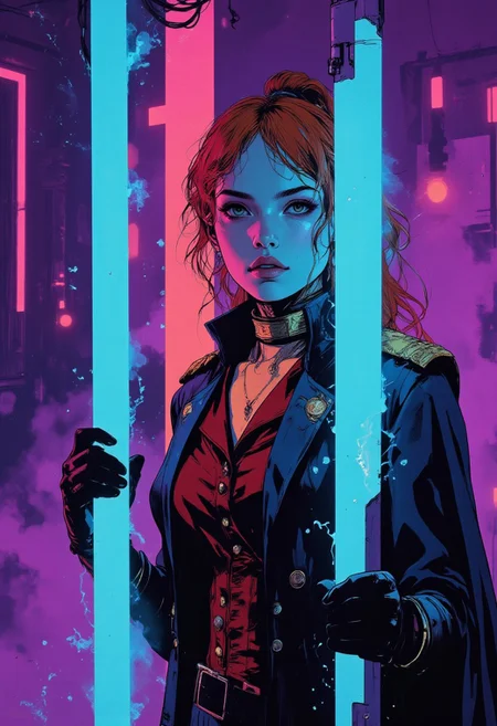 A high-resolution scene of a woman with a slender, athletic build standing in the electric glow of neon light. Her long, damp auburn hair clings to her shoulders, framing piercing green eyes that radiate intensity. Her fair skin glistens under the sharp contrast of shadows and vivid hues, while her lips hold a slight pout, exuding quiet defiance. She wears a deep crimson velvet suit inspired by 1800s British military uniforms, featuring intricate gold embroidery and structured epaulettes. A long, navy-blue coat with a high collar billows slightly, its heavy fabric adding a regal presence. She grips a horizontal neon cyan light tube in a way that partially obscures her face, its intense glow reflecting off her attire, casting a surreal aura against the dark, moody violet background. Wisps of mist swirl around her, enhancing the cyberpunk aesthetic as the light flickers against unseen currents. The contrast of electric cyan against deep shadows creates a cinematic tension, capturing the fusion of historical elegance and futuristic high-fashion in a visually striking, neon-drenched masterpiece. (in the style of cksc,, ethereal_makeup, make-up)