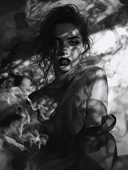 neo-noir portrait study, silver halide gradients, dramatic shadow cascades, smoke-like fabric flows, timeless elegance meeting raw emotion –style raw