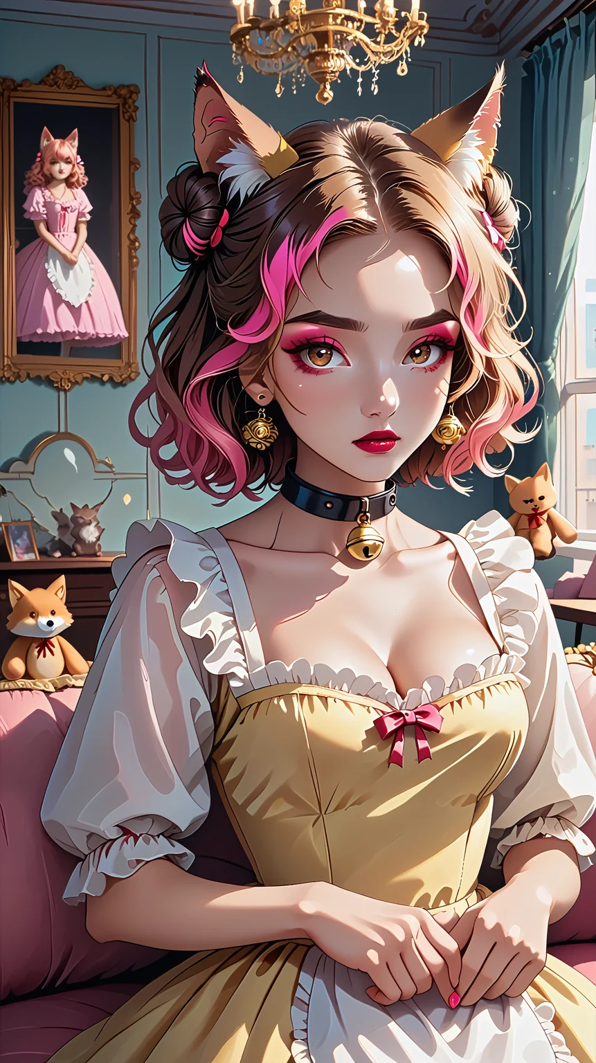 4n1v3rs3, score_9, score_8_up, score_7_up, (Western Comics), ultra detailed illustration, extremely detailed face,
(1 female), (25 years old), brown hair, pink highlights in hair, ((double bun)), hair ribbons, detailed hair, big breasts, detailed brown eyes, cute eyes, red lipgloss, pink eyeliner, sad, horny, detailed body, detailed feet, detailed skin, small waist,
leather collar, cat bell, sitting on a pastel color couch, striped color couch, cozy ball room, large window, city at background, warm light, stuffed toys, foxes, ((detailed fox ears))
<lora:Pony_DetailV2.0:1> <lora:Detailed_eyes:1> adorable pale yellow maid dress, apron <lora:dvr-gs:1> dvr-gs