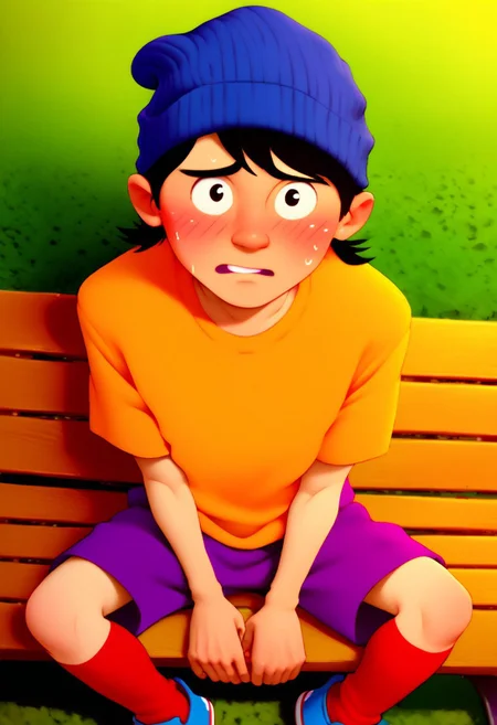 score_8, score_8_up, score_7_up, score_6_up, source_cartoon, flat shading, good_hands, BREAK, 1boy, solo, male focus,, Double D, beanie, black hair, orange shirt, purple shorts, red socks, blue shoe, park background, trees, pond, bench, sitting, looking at viewer, blushing, shy, embarrassed, from above,