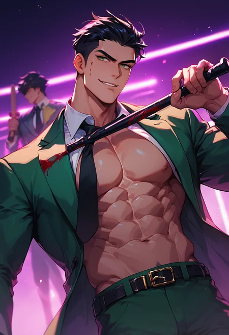 (score_9, score_8_up), score_7_up, 2boys, bishounen, neon purple background, manly, neon purple background, green theme, slick back hair, formal suit, black neck tie, annoyed, black hair, mob boss, open clothes, belt, muscular, abs, pectorals, muscular male, holding a baseball bat, evil smile, blood, action scene, battle, from above, blurry background, dof, dark lighting, Limited Perspective, fill light soft shadows lighting
<lora:luv-000009:0.8><lora:DetailedEyes_V3:0.2><lora:add-detail-xl:0.2>