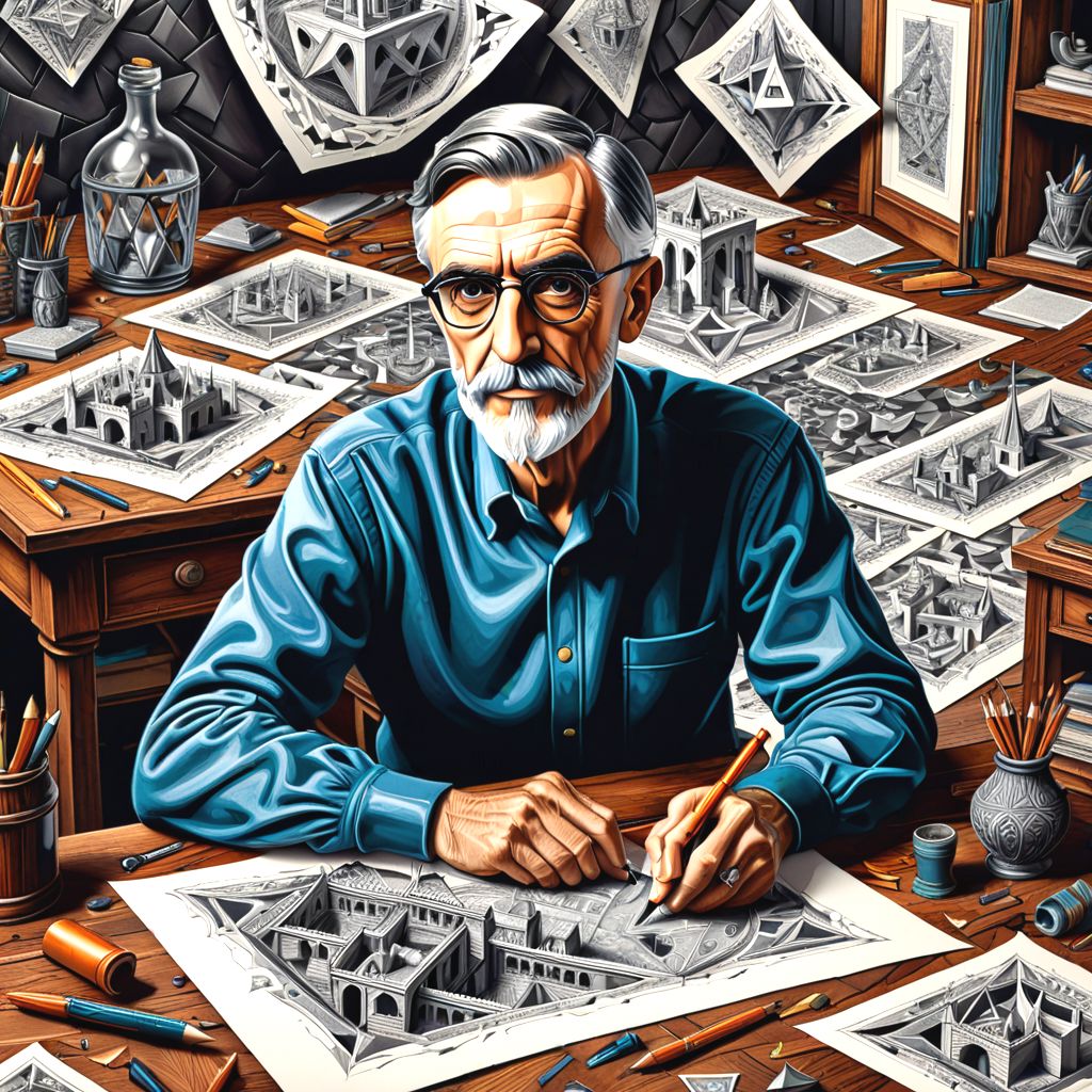 "M.C. Escher pen and ink spilling on desk paper in the shape of M.C. Escher likeness in old artist studio."
"detailed matte painting, deep color, fantastical, intricate detail, splash screen, complementary colors, fantasy concept art, 8k resolution trending on Artstation Unreal Engine 5"