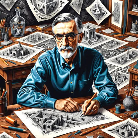 "M.C. Escher pen and ink spilling on desk paper in the shape of M.C. Escher likeness in old artist studio."
"detailed matte painting, deep color, fantastical, intricate detail, splash screen, complementary colors, fantasy concept art, 8k resolution trending on Artstation Unreal Engine 5"
