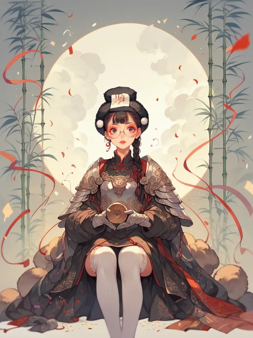 source_anime, score_9, score_8_up, score_7_up, score_6_up, score_5_up, <lora:rdjXLP:1> rdj, facing viewer, fur hat, facial mark, white thighhighs, braid, cloud, glasses, confetti, armor, chinese clothes, bamboo, makeup