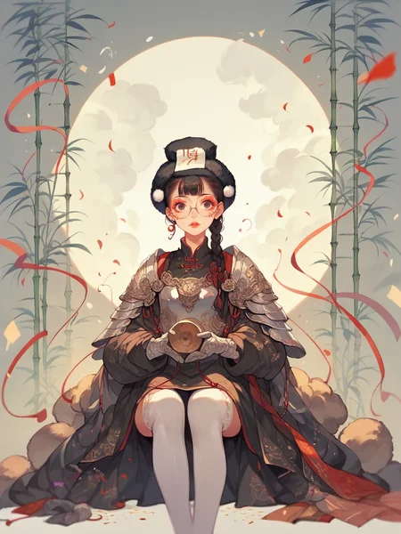 source_anime, score_9, score_8_up, score_7_up, score_6_up, score_5_up,  <lora:rdjXLP:1> rdj, facing viewer, fur hat, facial mark, white thighhighs, braid, cloud, glasses, confetti, armor, chinese clothes, bamboo, makeup