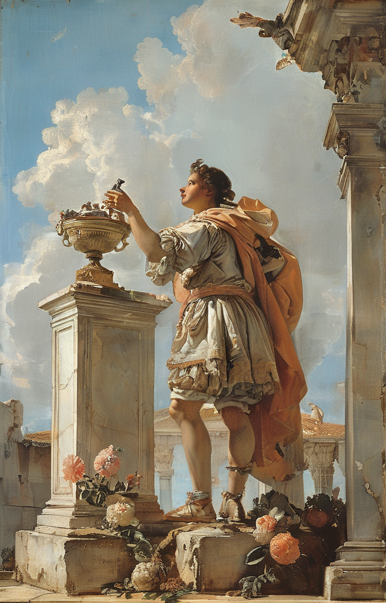 masterpiece,best quality,<lora:tbh352-sdxl:0.75>,illustration,style of Giovanni Battista Tiepolo A bottle of perfume in garden