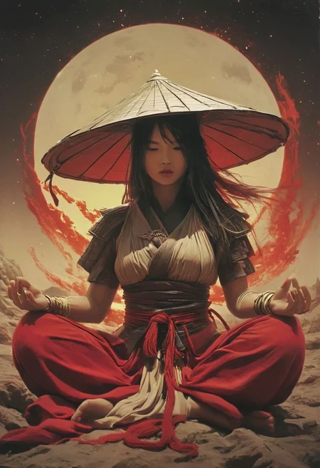 Capturing serenity amidst boundless solitude: a powerful image of a buxom feudal ninja, draped in flowing feudal garb, large sedge-hat, meditating in lotus position upon an endless, sunless expanse. As she hovers, an aura emanates from her, growing in intensity as it extends beyond her Till it explodes in the far, reminiscent of expanding ripples of sound. The neon hues of her aura paint the air, a vivid testament to her inner strength and focus.
creating a hyperpunk scene with desaturated translucent DARK Red and beige details, colorful (polaroid:0.7) with vibrant colors, (vacations, high resolution:1.3), (small, selective focus, european film:1.2), (sexual advance:1.1), closeup