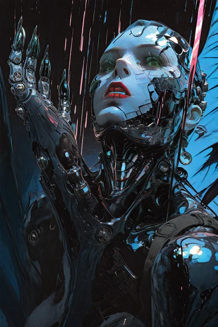 masterwork, masterpiece, best quality, detailed,(realistic:1.4),  dynamic lighting, depth of field, dynamic pose  dynamic angle,
masterpiece, best quality, high resolution, very aesthetic, absurdres, newest, professional, high-quality, hyper-realistic, detailed eyes, realistic body,
1girl, 25 yo girl,  solo, looking at viewer, from the side, from below, dark make up, eyeliner, red lips, green eyes, harness, seductive, translucent, sharp wings, mechanical parts, mechanical hands, sharp nails, bight colors,prismatic effects, light bounce, regraction,, glass skin, prism effect, light refraction, science fiction, black liquid,  pop art, pink yellow blue black theme, rim lighting, 
 <lora:add-detail-xl:1.8> <lora:ponyv6_noobV1_2_adamW-000017:0.4> <lora:Sinozick_style-:0.56> <lora:horror_114558v4df2fsdf5:0.55> <lora:Pastelcasso:0.8> <lora:GENESIS_MK0.4:0.9> <lora:retro_scifi_artstyle_illustriousXL-000021:0.9>