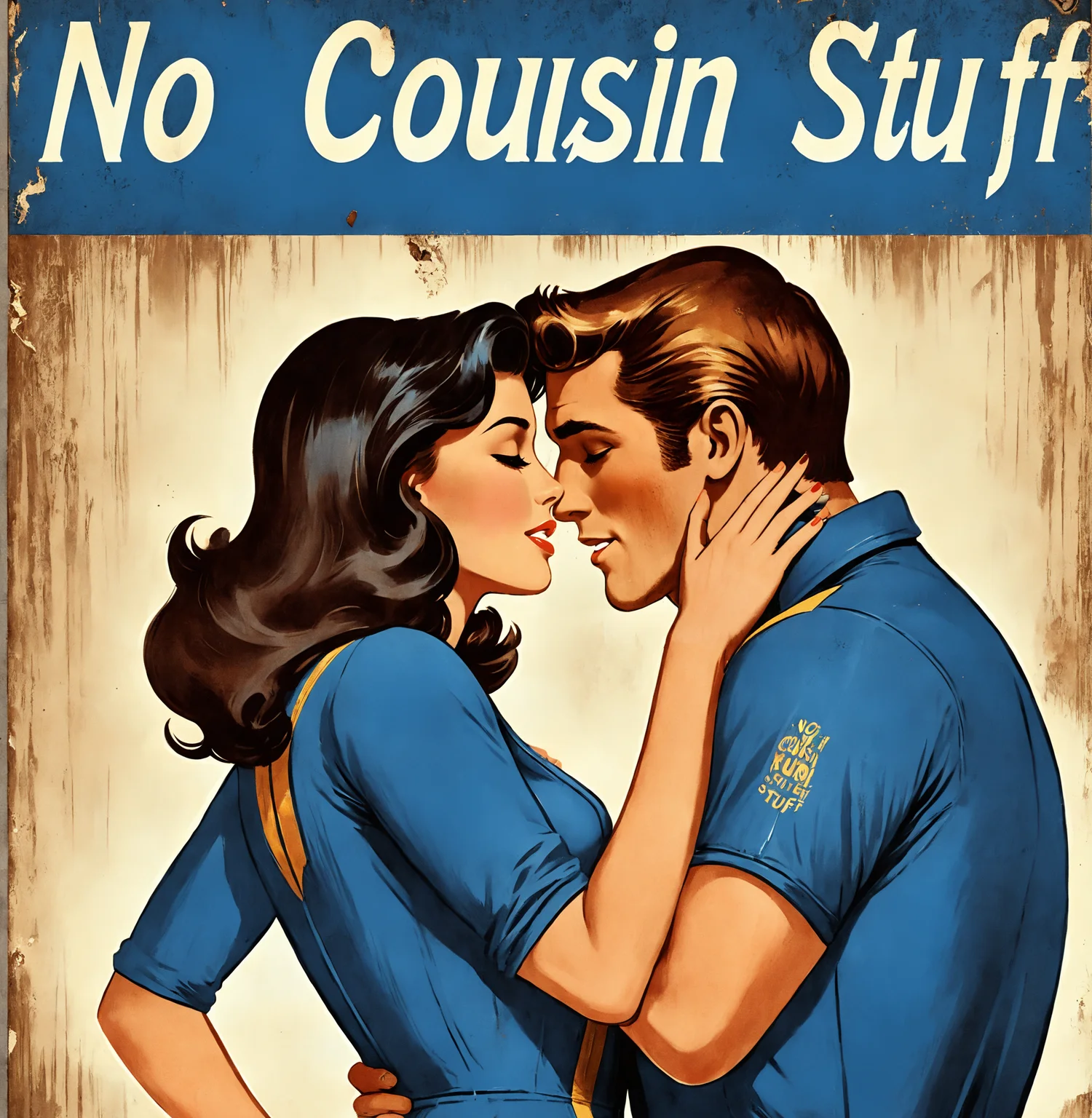 poster of a man and woman kissing, text "No Cousin Stuff", falloutpostsdxl,<lora:falloutpostsdxl:1>, 1960s \(style\), distressed poster, long hair, illustration classic ad, blue jumpsuit,