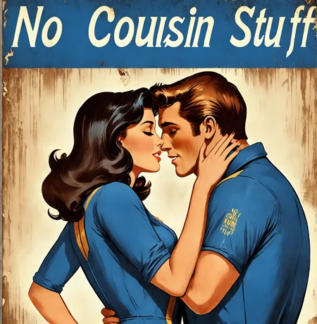 poster of a man and woman kissing, text "No Cousin Stuff", falloutpostsdxl,<lora:falloutpostsdxl:1>, 1960s \(style\), distressed poster, long hair, illustration classic ad, blue jumpsuit,