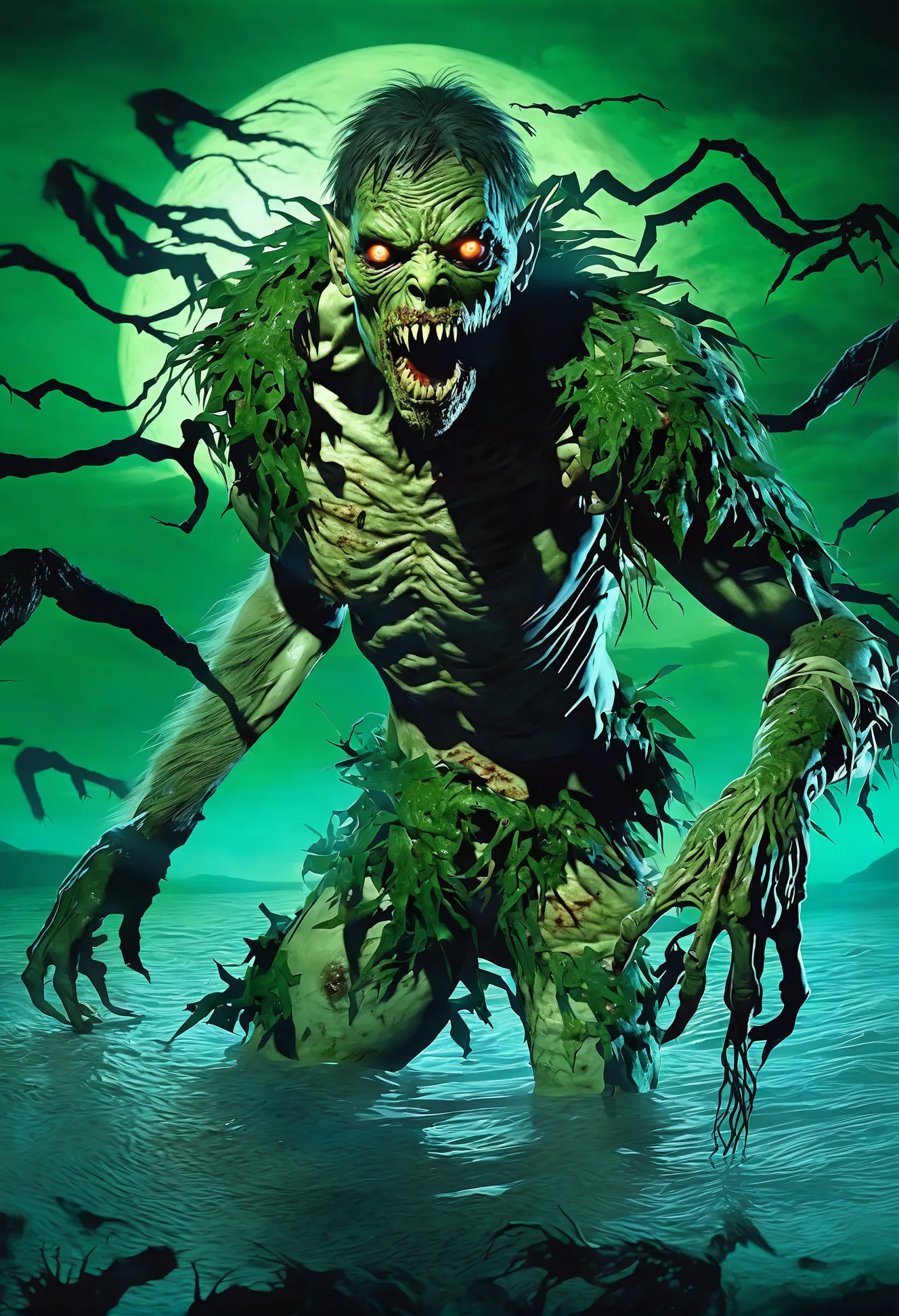 pulp horror, scary, creepy grasping hand,Werewolf,waterlogged zombie covered in seaweed,glowing eyes<lora:EnvyPulpHorrorXL01:1:1:lbw=ALL>