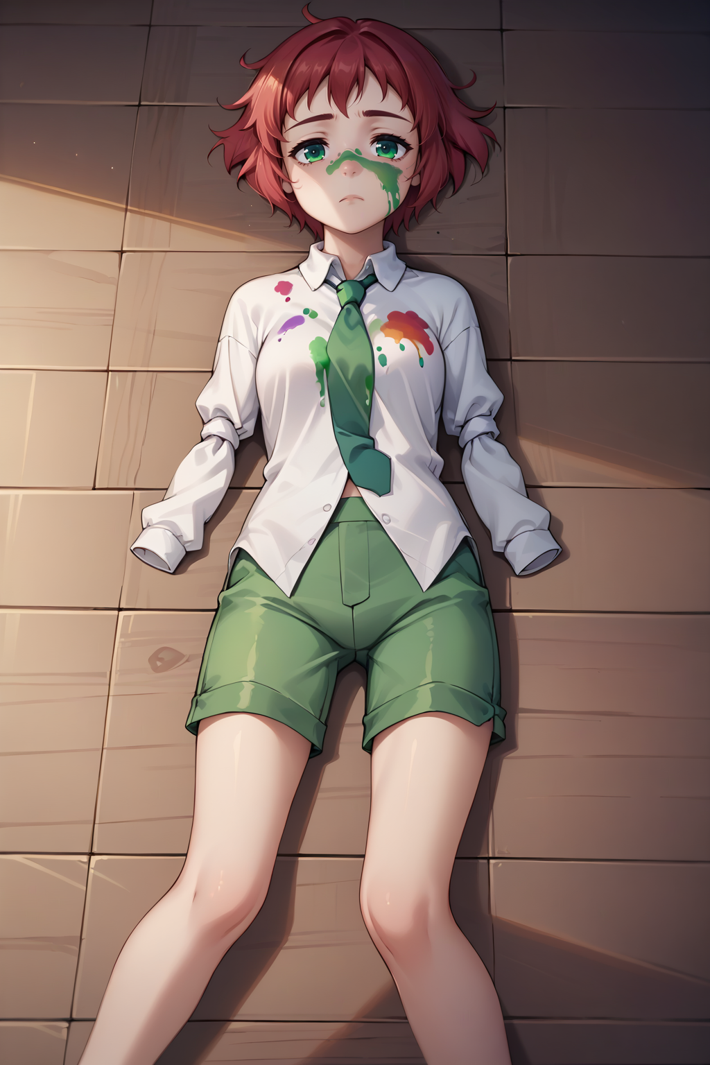 score_9, score_8_up, score_7_up, BREAK 1girl, solo, <lora:NSRinKatawa:1> NSRinKatawa, amputee, red hair, short hair, green eyes, white collared shirt, green shorts, necktie, sleeve tied shut, lying, floor, indoors, wooden floor, rainbow paint, covered in paint, tired, dark