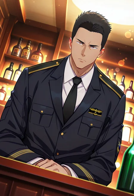 safe_pos, score_9, score_8_up, score_7_up, score_6_up, perfect anatomy, perfect proportions, best quality, masterpiece, high_resolution, high quality, best aesthetic, incredibly absurdres, highres, extremely detailed, huge filesize, solo male, adult, mature, masculine, manly, handsome, charming, alluring, seductive, heroic, serious, grim, stern, unsociability, bluntness, gruffness, upper body, dutch angle, cowboy shot, perfect face, perfect eyes, source_anime, anime coloring, BBBIsami, Isami Ao, brown eyes, sanpaku, black hair, short hair, neat hair, bare forehead, BBBIsami_outfit06, Japan Self-Defense Force dress uniform, fromak suit, white shirt, black necktie, black jacket, cinematic still, emotional, harmonious, vignette, bokeh, cinemascope, moody, epic, gorgeous, sitting, indoors, bar, bottles