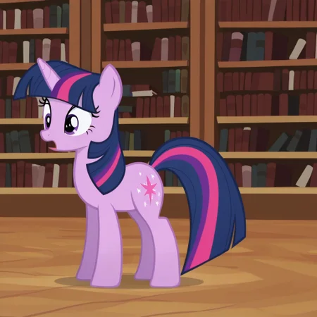 masterpiece, best quality, amazing quality, twlghtsprklil, feral, female, unicorn, purple fur, purple eyes, long hair, dark blue hair, streaked hair, dark blue tail, library, <lora:a843c87d-3098-47d6-9330-8997276819a6:1.0>