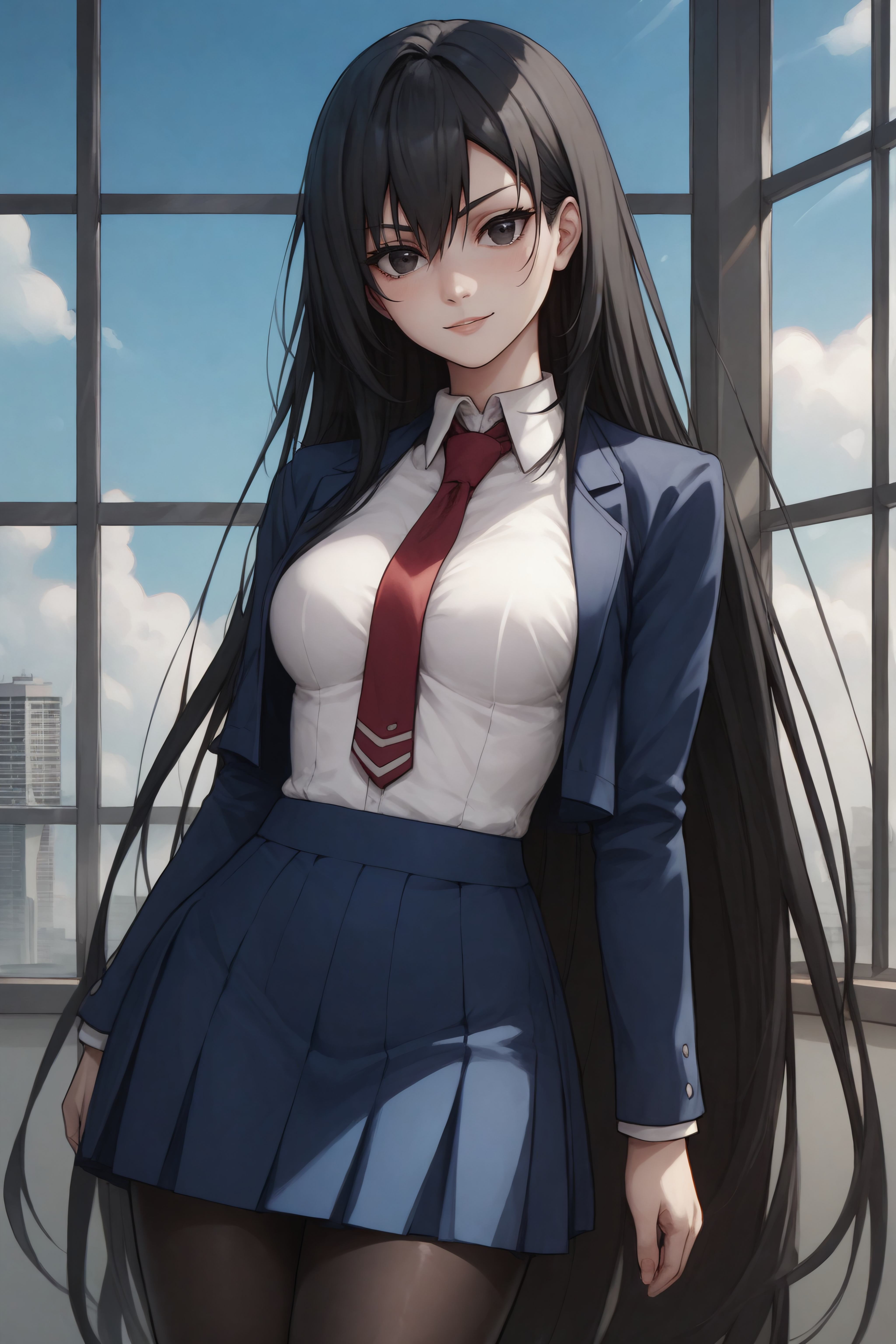 score_9, score_8_up, score_7_up, source_anime, <lora:Kirukiru Amou-PonyXL-lora-Faxtron:0.8> kirukiru amou, black eyes, black hair, very long hair, medium breasts, cropped blue blazer, white shirt, red necktie, blue skirt, black pantyhose,