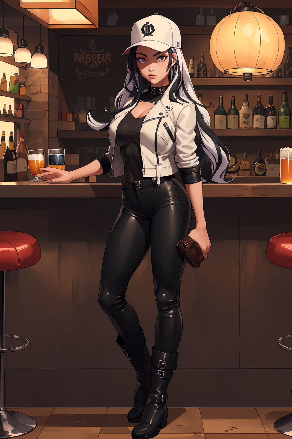 masterpiece, best quality, 1girl, solo, standing, facing viewer,<lora:EPfeVeyle-07:0.7>, EPfeVeyle, 1girl, long hair, multicolored hair, white hair, black hair, pub, leather jacket, leather pants, leather boots, baseball cap, pub, bar