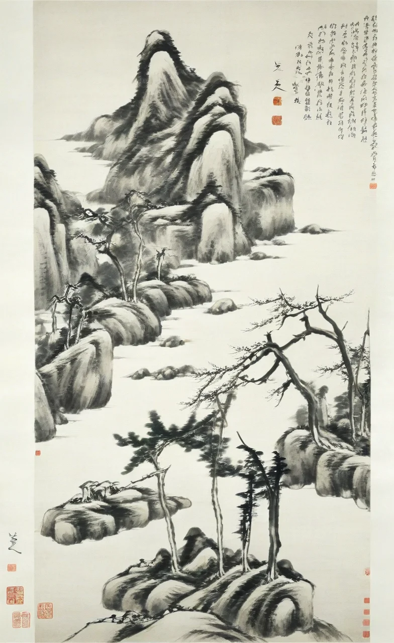 <lora:å
«å¤§å±±äººç»é£-000009:0.8>,no humans,tree,monochrome,rock,traditional media,scenery,the art of chinese calligraphy,ink wash,traditional,(mountain-water),calligraphy,seal art,asian art,paper,artistic composition,vertical layout,fine brushwork,nature scene,trees,rocks,cliffs,serenity,cultural heritage.,Chinese text,ink wash painting,traditional chinese painting,