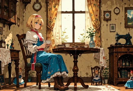ukiyo-e, ligne_claire, (phantom_ix_row,ireading,akizero1510,alchemaniac:0.4), 
high res image, masterpiece, perfect quality, best quality, absurdres, ultra detailed face, detailed eyes, HDR,
1girl, alice margatroid, solo,
pink_hairband, boots, frilled_hairband, blue_dress, brown_footwear, white_capelet, frilled_dress, frilled_capelet, red_hairband, red_sash, cross-laced_footwear, necktie,
sitting on a classical chair, holding a white teacup, teacup near face, comfortable,
(clean room:1.5), tidy room, neat room,
indoor, classical wooden house,
window, curtain, billowing curtain, sunshine,
marionettes, (dolls:1.2), many dolls, herb bottle, 
(classical round table:1.5) with white tablecloth, lace, classical chairs, vase, cupboard, books
(sewing machine:1.2) in background, needle, thread,
close up, close-up shot,
bright natural light, soft shadows,,
accurate anatomy, clear focus, centered composition, rule of thirds, medium depth of field, HDR, 8k