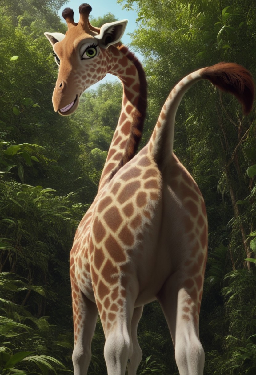 bridget (the wild), 1girl, female giraffe, feral, two-toned fur, cream fur, orange spots, green eyes, eyelashes, long neck, long legs, score_9_up, score_8_up, score_7_up, looking at viewer, looking back, teeth, smirk, from below, from behind, ass focus, ultra detailed, detailed background, jungle background, realistic, 3d, low-angle shot, ass closeup, cowboy shot