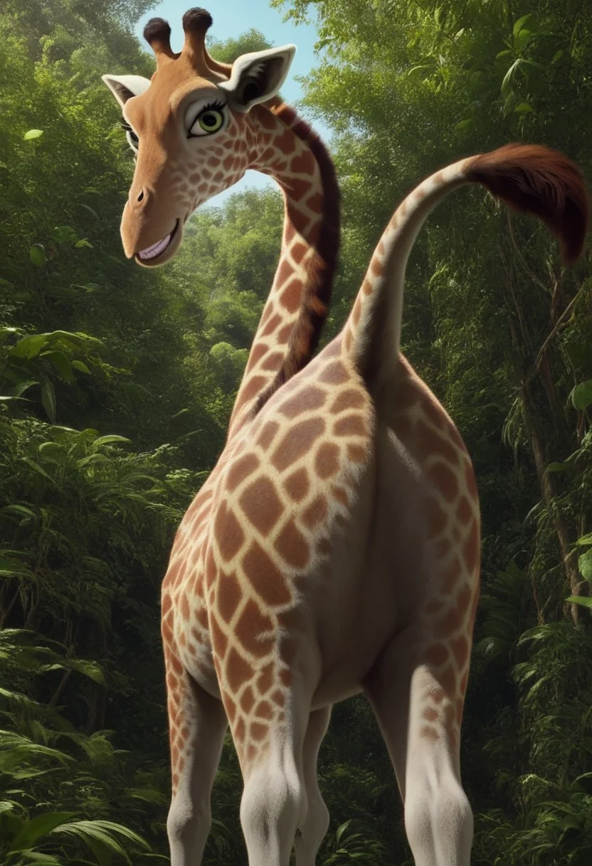 bridget (the wild), 1girl, female giraffe, feral, two-toned fur, cream fur, orange spots, green eyes, eyelashes, long neck, long legs, score_9_up, score_8_up, score_7_up, looking at viewer, looking back, teeth, smirk, from below, from behind, ass focus, ultra detailed, detailed background, jungle background, realistic, 3d, low-angle shot, ass closeup, cowboy shot