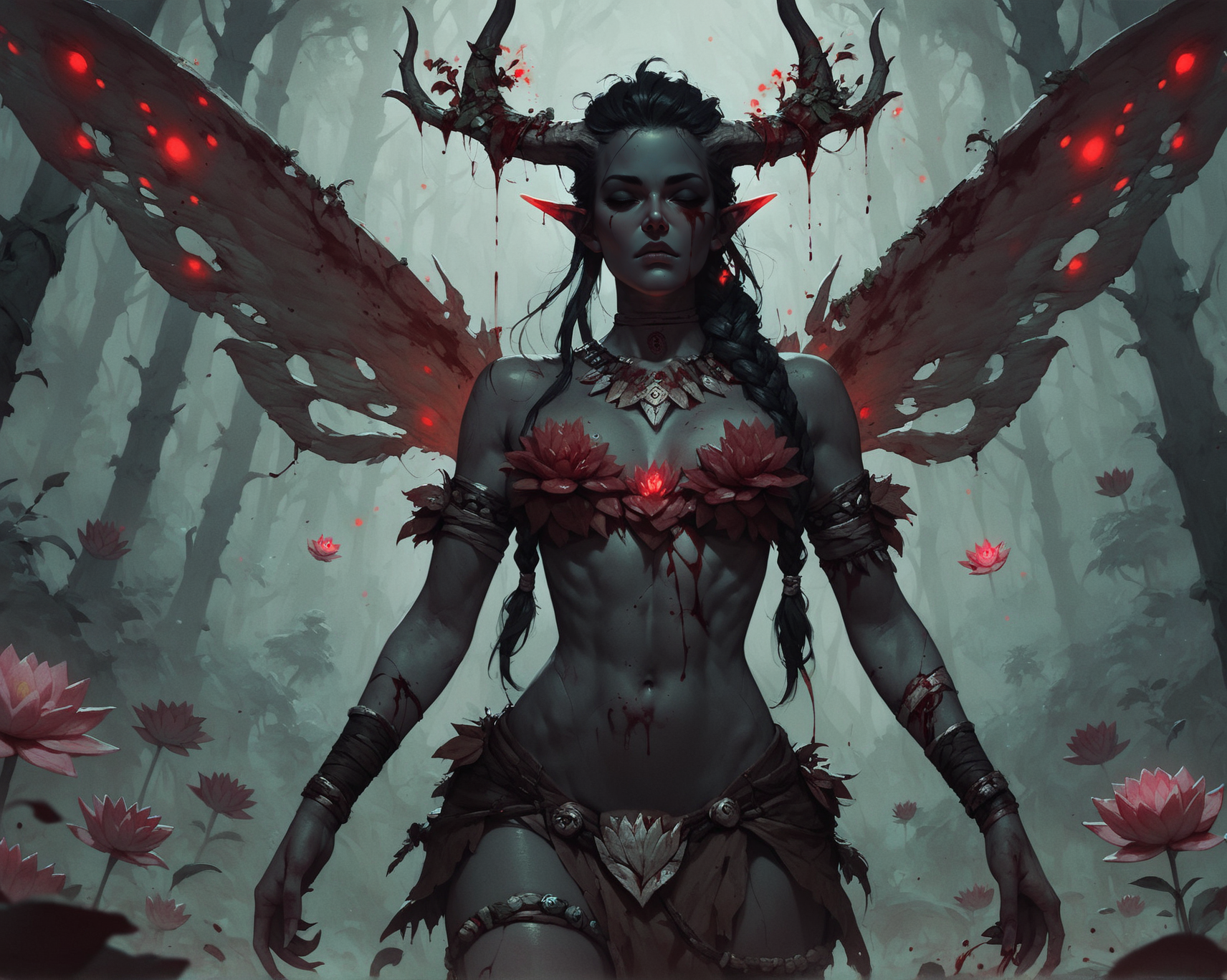 score_9, score_8_up, score_7_up, score_6_up, blood fairy, glowing lotus, black skin, very beautiful, tiny, covered in blood, gore, horns, tribal, long braid, bones, wings, red theme, lotus, black forest,  <lora:Concept Art Twilight Style SDXL_LoRA_Pony Diffusion V6 XL:0.8>