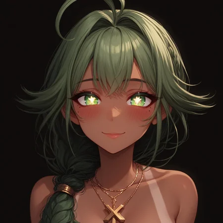 green eyes, cross, ahoge, smile, simple background, jewelry, grey background, black background, closed mouth, stella breeze, glowing pupils, tanned, blush, eyelashes, glint, long hair, dark-skinned female, bangs, mole, looking at viewer, dark skin, hair over shoulder, star-shaped pupils, breasts, solo, x-shaped pupils, low-tied braid, braid, + +, portrait, 1girl, necklace, cleavage, green hair, bare shoulders