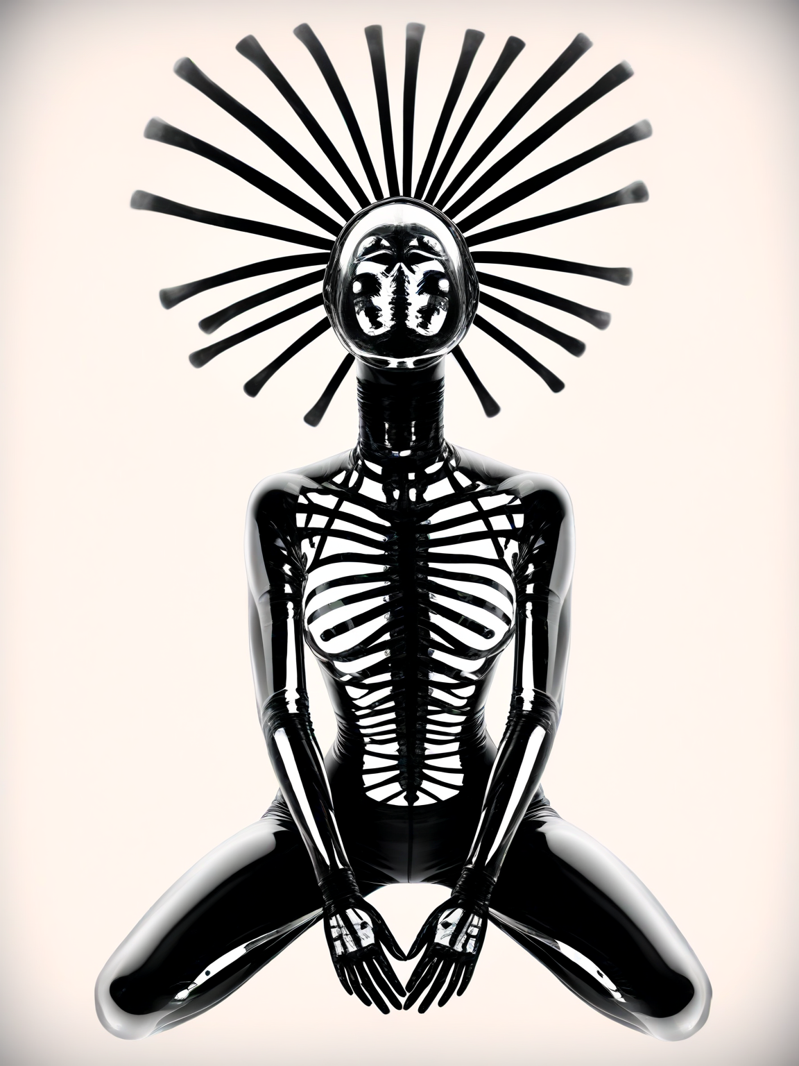 woman arms behind head, body leaning forward slightly, legs crossed, thoughtful and relaxed body language, wearing rubber gimp suit, grotesque, abstract, x-ray art, <lora:DeconDada-000008:2>