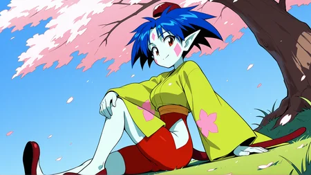 ponko, 1girl, solo, breasts, short hair, long sleeves, blue hair, green japanese clothes, pointy ears, wide sleeves, colored skin, clothing cutout, tail, facial mark, red footwear, red headwear, red eyes, 1990s, retro artstyle
BREAK
sitting hands on knee, happy
BREAK
outside, cherry blossoms, blue sky, grass
BREAK
masterpiece,best quality,absurdres,very aesthetic,perspective, <lora:ponko_IL_Lora_v1:1>