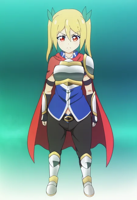 full body, 1girl, blonde hair, orange|red eyes, twintails, green hair bows, La-Avatar \ (Akane Segawa\), armor, red cape, pauldrons, , leather belt, metal boots, fingerless gloves, blue under shirt, <lora:Akane-Segawa_PonyXL:1>, <lora:D-ART_XL-V2:1>, D-ART, D-ART Style, 18dart3, 18dart2, 18DART1, !!, ??