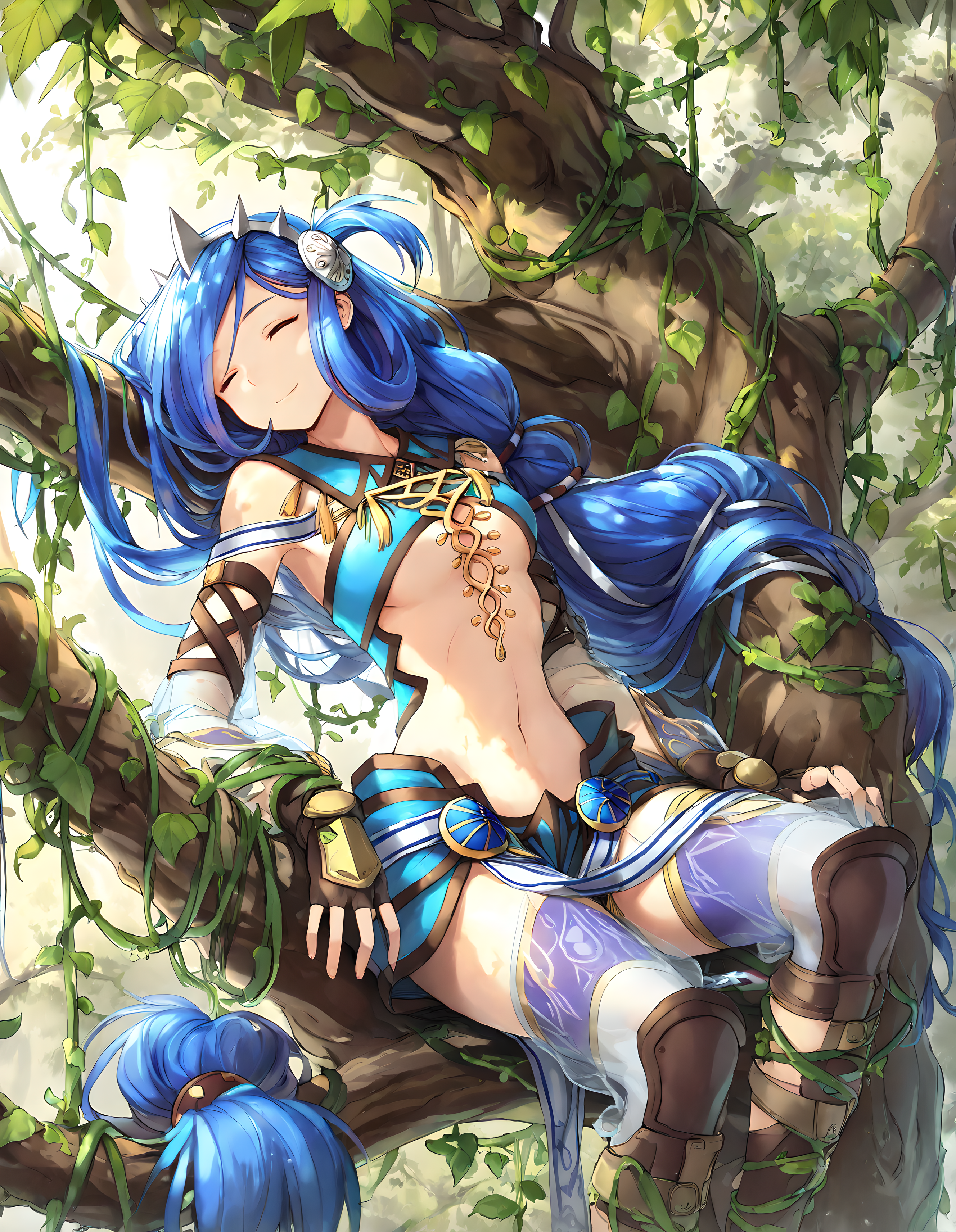 <lora:illustrious_XL_dana_v2:0.8>,dana,masterpiece,best quality,good quality,1girl,solo,midriff,navel,transparent sleeve,fingerless gloves,transparent legwear,boots,plant,vines,sleeping,sitting_in_tree,leaning_back,the vines get tangled in the body,smile,zettai ryoiki,