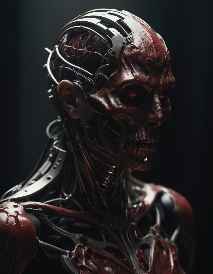 A portrait of a (demon cyborg ghost:1.3), adorned with a (blood mask:1.2), set against a dark background, enveloped in a (melancholy atmosphere:1.1), cinematic flair, dynamic lighting casting shadows, (saturated with blood:1.1), haunting presence, where cold steel meets spectral entity, evocative visuals, shadowy contours, detailed textures, high contrast, emotive ambiance, digital masterpiece, professional portrayal,