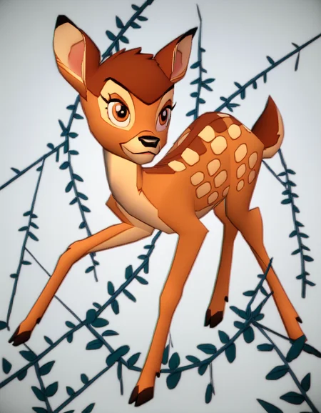 score_9, score_8_up, score_7_up, score_6_up, score_5_up, score_4_up,
Bambi, deer, orange eyes, solo, forest background, n64zeldastyle, 3d, polygonal, full body, white background <lora:zs_N64ZeldaStyleXL:1>
<lora:Bambi_XL:0.8>