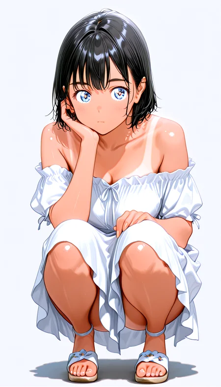 IllusP0s, masterpiece, best quality, amazing quality, very aesthetic, absurdres, newest, ((ultra detailed hair:1.4)), ((ultra detailed eyes:1.4)),
BREAK
1girl,solo, m1o_manga, black hair, sun-kissed skin, tanlines
Off-the-shoulder white dress
BREAK
blank background, squatting, neutral black expression, full body,
<lora:Mio_-_100percent_-_mangaSummer_Time_Rendering3-000012:1>