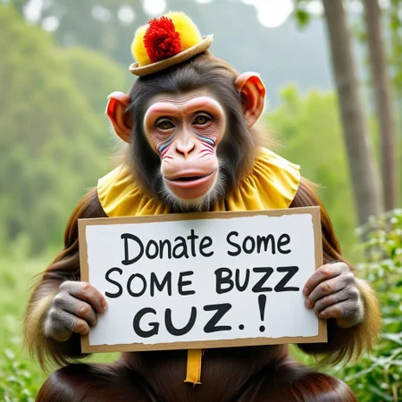 nature, outdoors, realistic, monkey in clown costume holding sign with text "donate some buzz", buzz