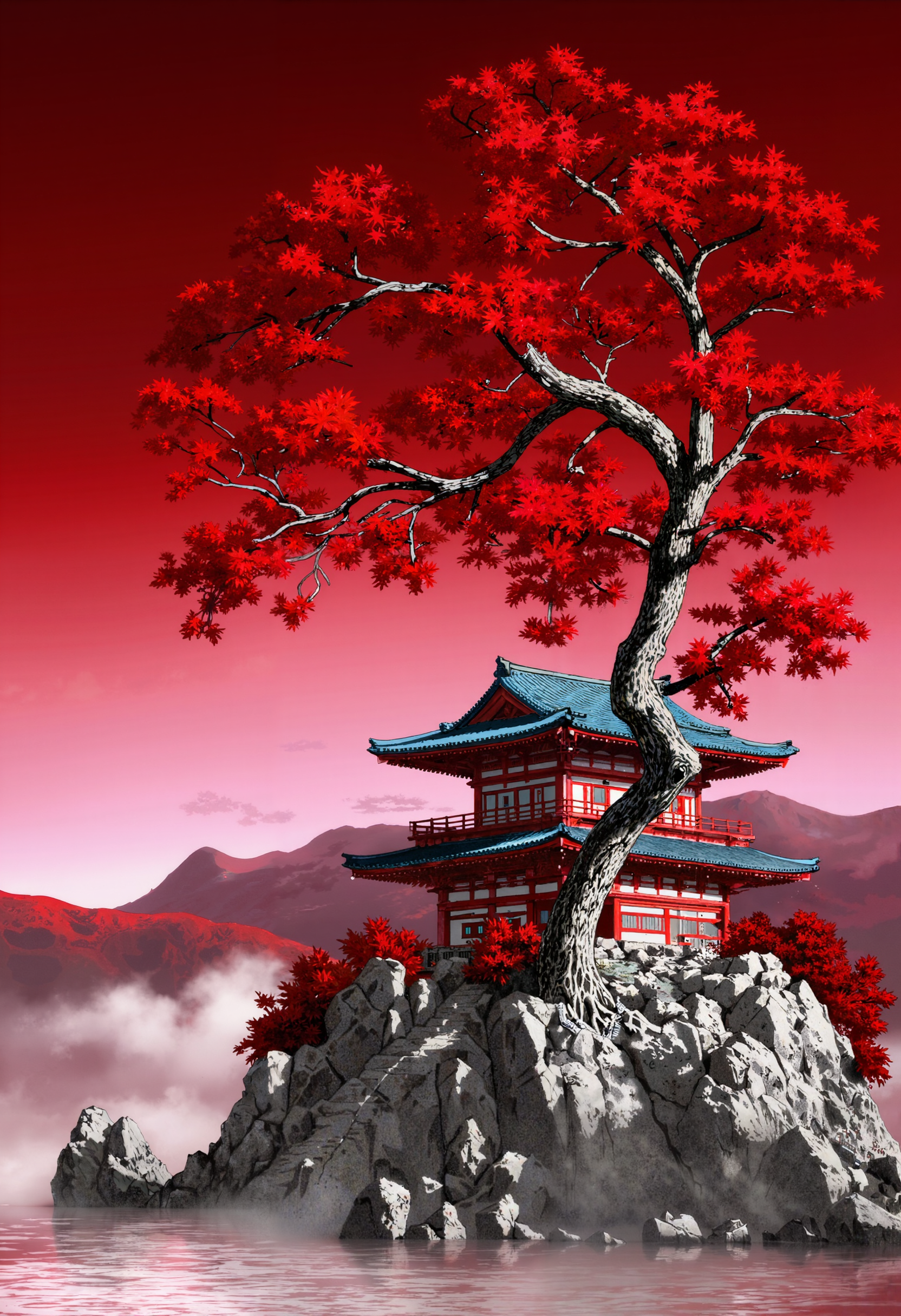 p0st_1mp4ct style, Hyper-detailed colored pencil realism of a traditional Japanese temple perched atop a rocky island, surrounded by natureâs beauty. The red and white temple, with its ornate blue roof and elevated balcony, stands as a serene sanctuary. A majestic tree with vibrant red leaves towers above, its twisted branches sprawling in all directions, deeply rooted in the rugged stone beneath. The sky is a gradient of deep crimson, fading into a lighter red haze, creating a dreamlike, atmospheric backdrop. Wisps of soft clouds drift gently, partially veiling the landscape. The scene exudes tranquility and timeless elegance, blending East Asian architectural beauty with natureâs raw, untamed presence <lora:Evangelion_Post-impact_Apocalyptic_Style_Flux.1_D_by_AutoPastel-000019:1.00>