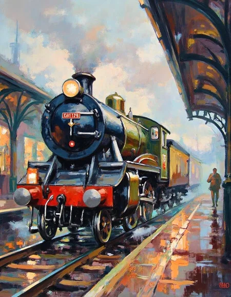 ssf_4bstr4ct painting of a steam train at a train station, morning dew