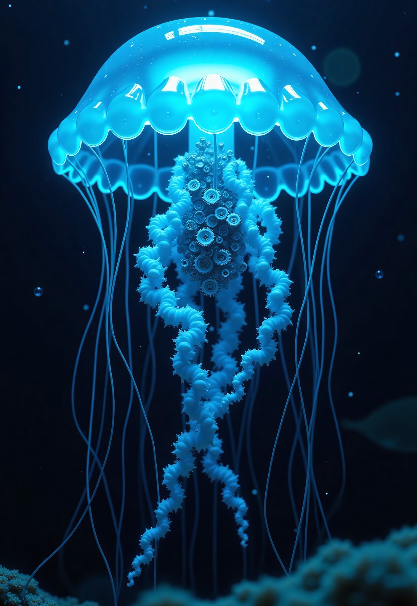 aidmaimageupgrader, a high quality digital image of a translucent neon cyan jellyfish swimming near the ocean floor, the interior of the jellyfish is made of intricately detailed mechanical gearing