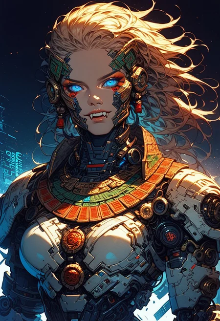 score_9,score_8_up,score_7_up, solo, 1 girl, Ellie Buckingham, blue eyes, bright blue eyes, bright blond hair, white armour,neon background, glowing, glowing blue eyes, , red ornaments, fangs,robot, aztec, mecha, aztec god, aztec outfit, cyberpunk outfit, soldier, heavy weaponized, aztec warrior, aztec tatoos, aztec warpaint, macuahuitl, science fiction, cyborg, mechanical parts, humanoid robot, bulky, sinozick style, flat color, dark theme, cowboy shot, Expressiveh
1 girl, outside, cowboy shot, waist high view