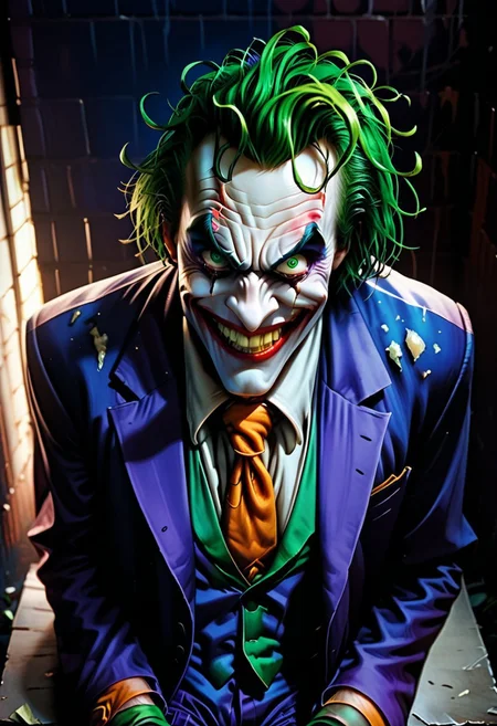 Score_9, score_8_up, score_7_up, rating_explicit, uncensored,
Break,
the joker, 1boy, solo, green hair, suit, smile, formal, necktie, gloves, green eyes, messy hair,
Break,
Joker outfit
Break,
(sitting:1.5),
Break,
(above view:1.5), (angry expression:1.3), (crazy eyes;1.3), (upper body focuse:1.7)
Break,
(Dark alleyway background:1.5),
Break,
(Painstakingly detailed:1.5), (8KHD), (professional artwork:1.4), (amazingly realistic:1.4)
Break,
(dark dramatic lighting:1.2), (night time:1.5), dramatic chiaroscuro lighting,
Break,
easynegative, ng_deepnegative_v1_75t, Expressiveh, verybadimagenegative_v1.3,